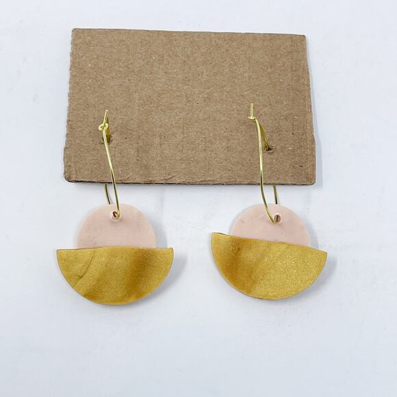 Brooke Noel Tuggle Handmade Clay Earrings Circle Half Moon Gold Tone Hoop Pink - Picture 2 of 5